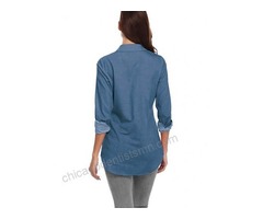 fuinloth Women’s Chambray Button Down Shirt, Long Sleeve Cotton Blouse, Long Jeans Tunic Top - 2