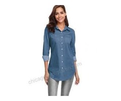 fuinloth Women’s Chambray Button Down Shirt, Long Sleeve Cotton Blouse, Long Jeans Tunic Top - 3