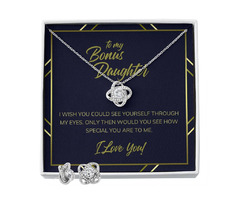 Gorgeous Love Knot Earring & Necklace Set | To My Bonus Daughter Personalized Message | 14k Whit - 1